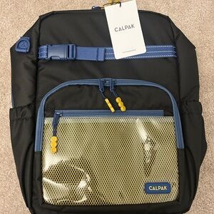 Calpak Black and Blue Backpack with Gold Mesh Pocket